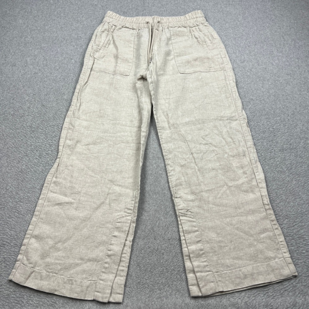 Athleta Retreat Linen Pant Womens Med Beige High Rise Wide Leg Drawstring 851038